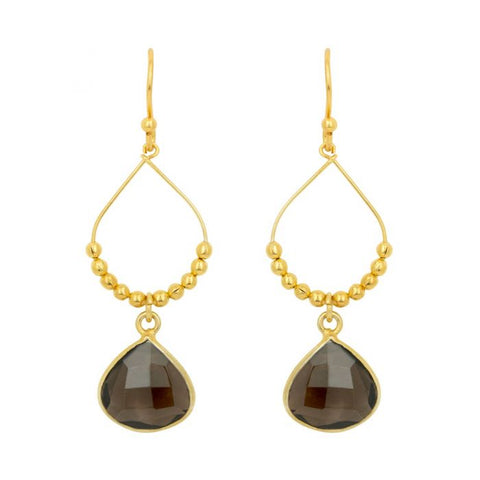 gold tear drop earrings with gold beads and labradorite stone at bottom